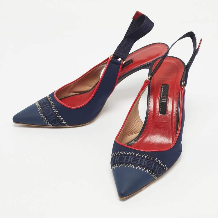 Pre Owned CH Carolina Herrera Navy Blue Leather Pointed Toe Slingback Pumps Size 38