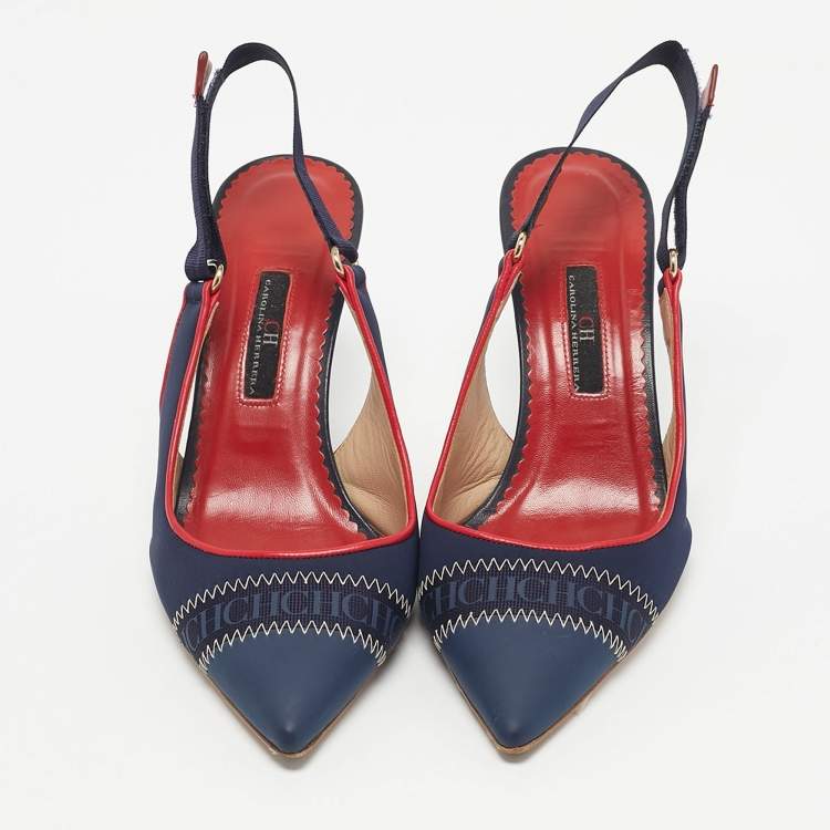 Pre Owned CH Carolina Herrera Navy Blue Leather Pointed Toe Slingback Pumps Size 38