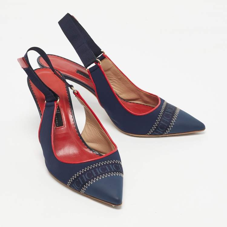 Pre Owned CH Carolina Herrera Navy Blue Leather Pointed Toe Slingback Pumps Size 38