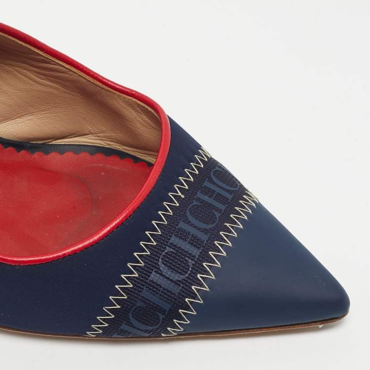 Pre Owned CH Carolina Herrera Navy Blue Leather Pointed Toe Slingback Pumps Size 38