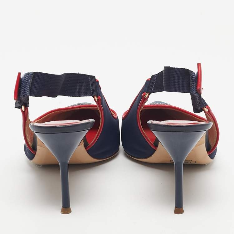 Pre Owned CH Carolina Herrera Navy Blue Leather Pointed Toe Slingback Pumps Size 38