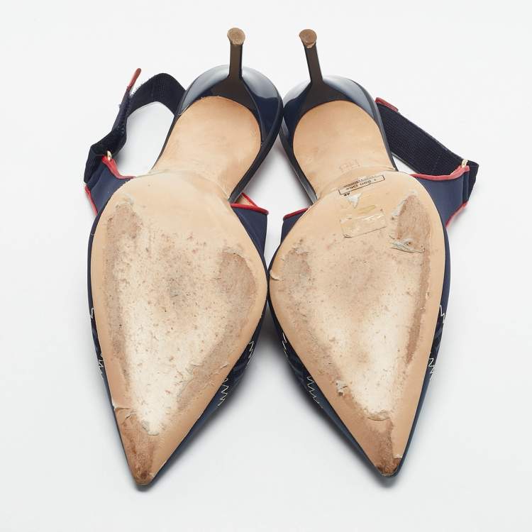 Pre Owned CH Carolina Herrera Navy Blue Leather Pointed Toe Slingback Pumps Size 38