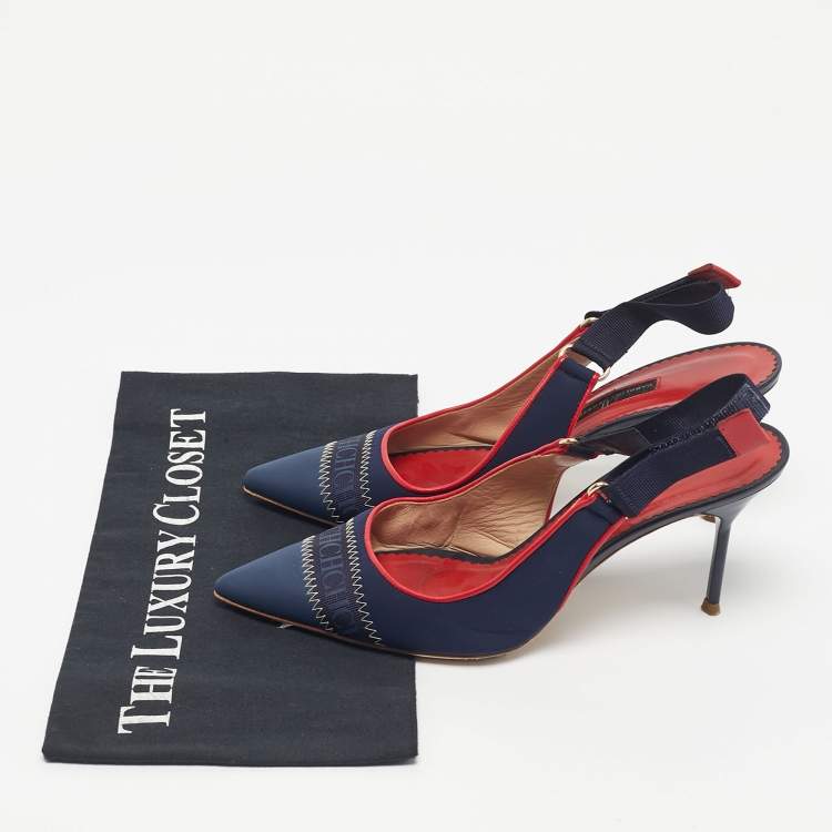 Pre Owned CH Carolina Herrera Navy Blue Leather Pointed Toe Slingback Pumps Size 38