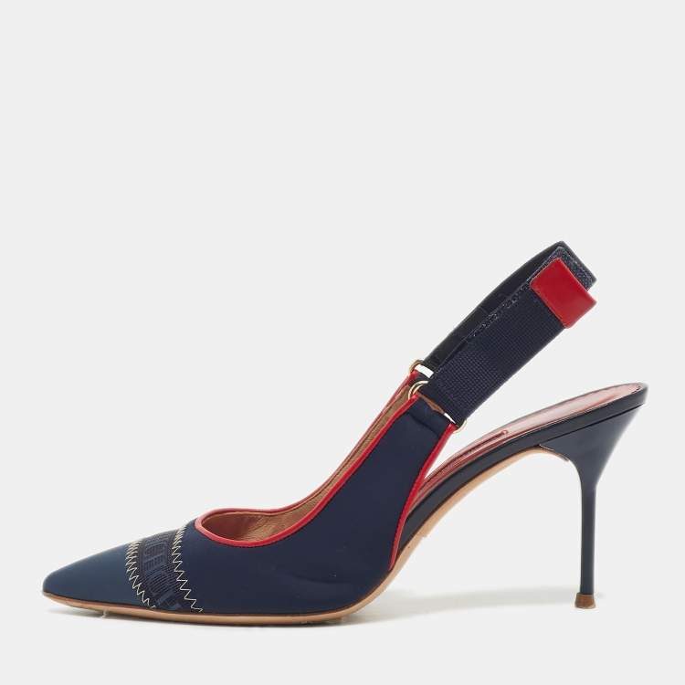 Pre Owned CH Carolina Herrera Navy Blue Leather Pointed Toe Slingback Pumps Size 38