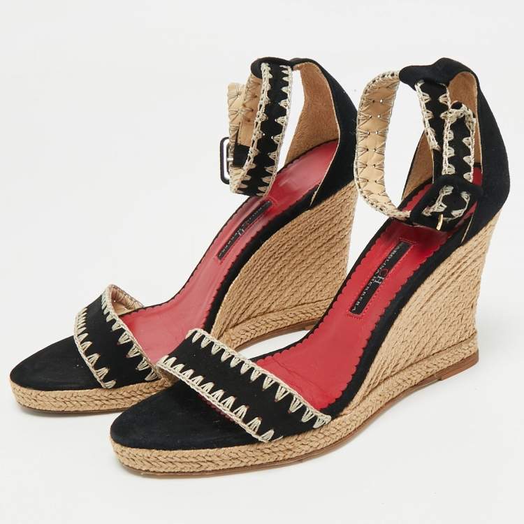 Pre Owned CH Carolina Herrera Black/Beige Suede Wedge Ankle Wrap Espadrilles Size 37