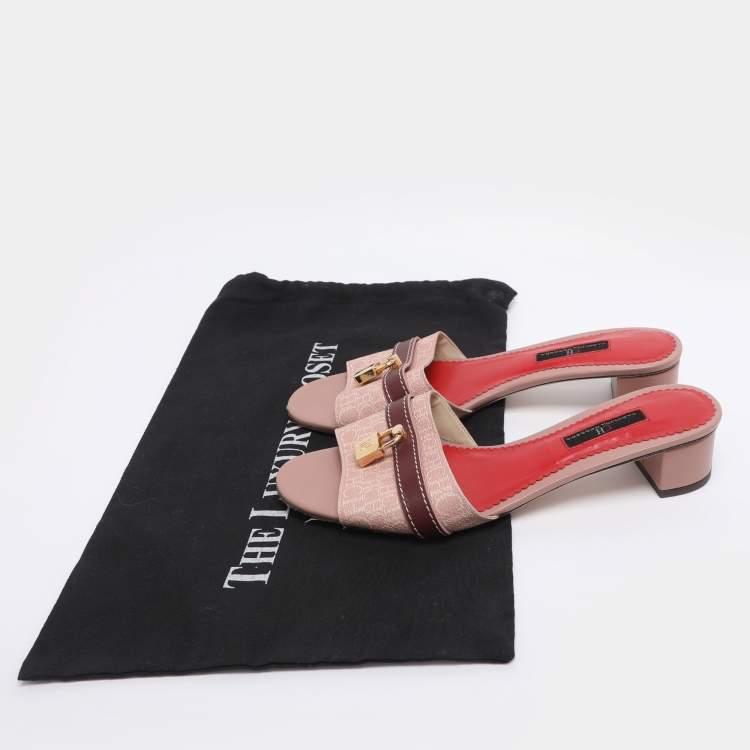 Pre Owned CH Carolina Herrera Pink Monogram Coated Canvas Matryoshka Lock Slide Sandals Size 38