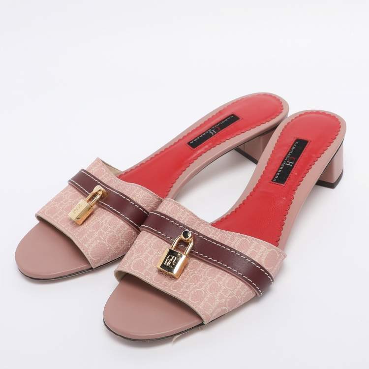 Pre Owned CH Carolina Herrera Pink Monogram Coated Canvas Matryoshka Lock Slide Sandals Size 38