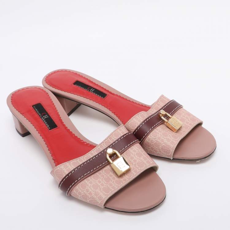 Pre Owned CH Carolina Herrera Pink Monogram Coated Canvas Matryoshka Lock Slide Sandals Size 38
