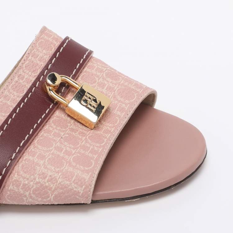 Pre Owned CH Carolina Herrera Pink Monogram Coated Canvas Matryoshka Lock Slide Sandals Size 38