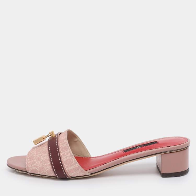 Pre Owned CH Carolina Herrera Pink Monogram Coated Canvas Matryoshka Lock Slide Sandals Size 38