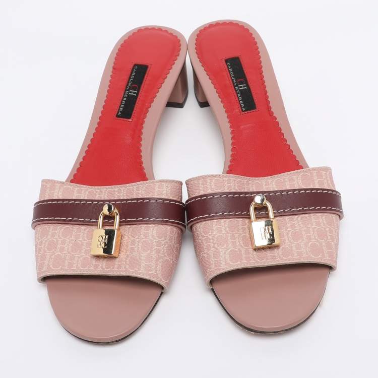 Pre Owned CH Carolina Herrera Pink Monogram Coated Canvas Matryoshka Lock Slide Sandals Size 38
