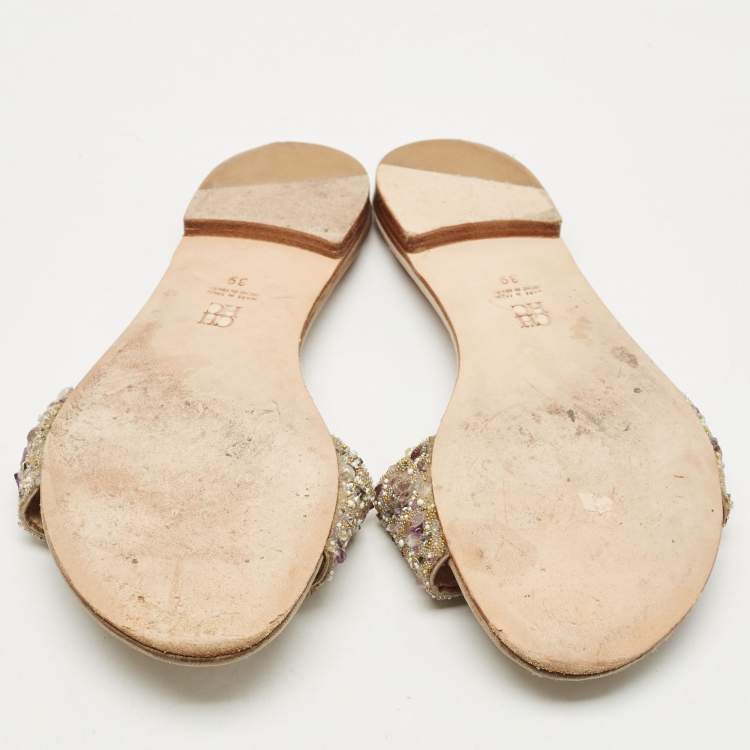 Pre Owned CH Carolina Herrera Grey Satin Crystal Embellished Flat Slides Size 39
