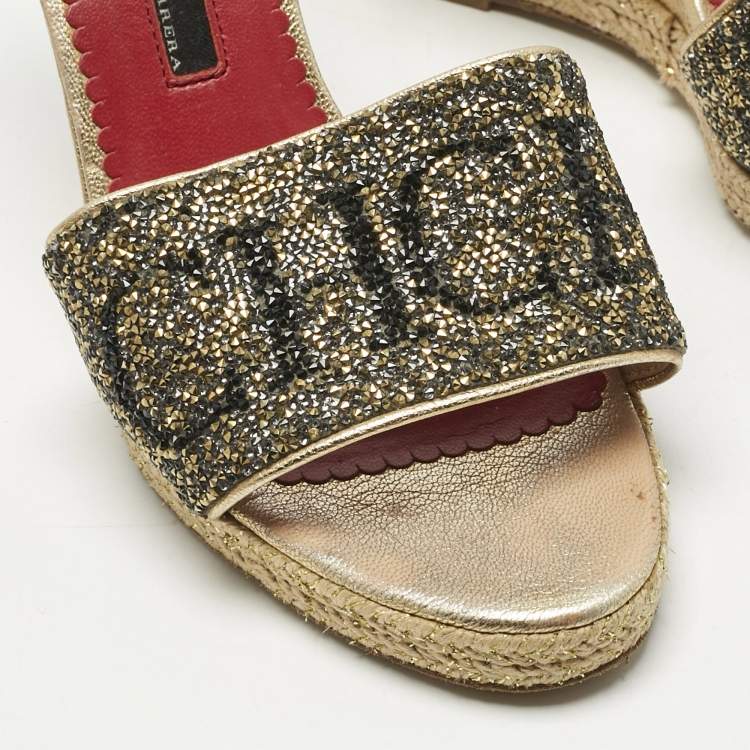 Pre Owned CH Carolina Herrera Metallic Glitter and Leather  Wedge Espadrille Sandals Size 37