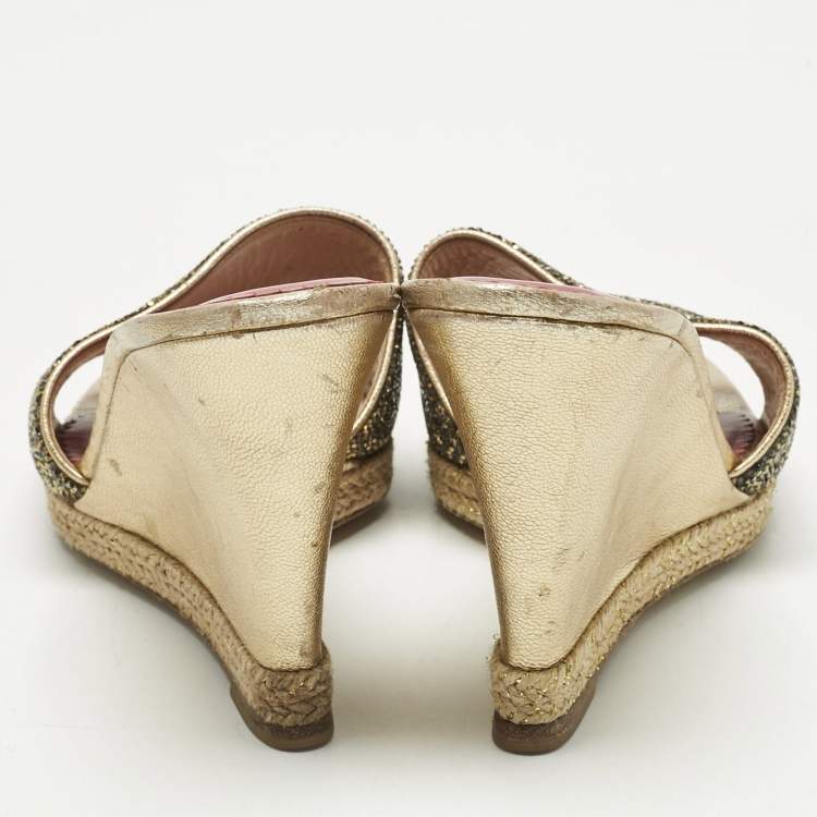 Pre Owned CH Carolina Herrera Metallic Glitter and Leather  Wedge Espadrille Sandals Size 37