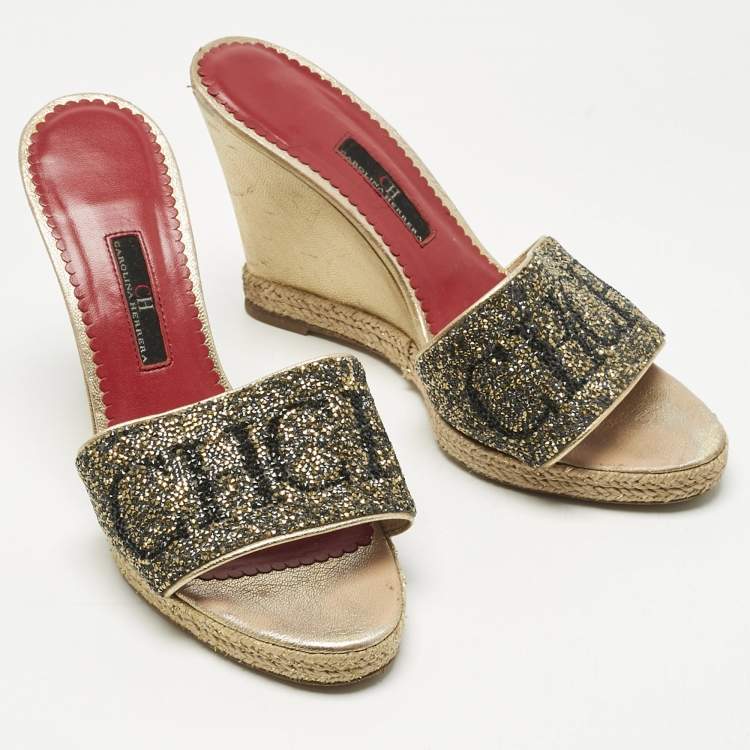 Pre Owned CH Carolina Herrera Metallic Glitter and Leather  Wedge Espadrille Sandals Size 37