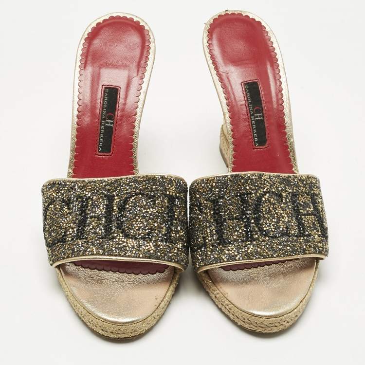 Pre Owned CH Carolina Herrera Metallic Glitter and Leather  Wedge Espadrille Sandals Size 37