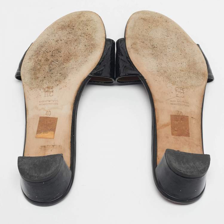 Pre Owned CH Carolina Herrera Black Patent Leather Matryoshka Slide Sandals Size 40