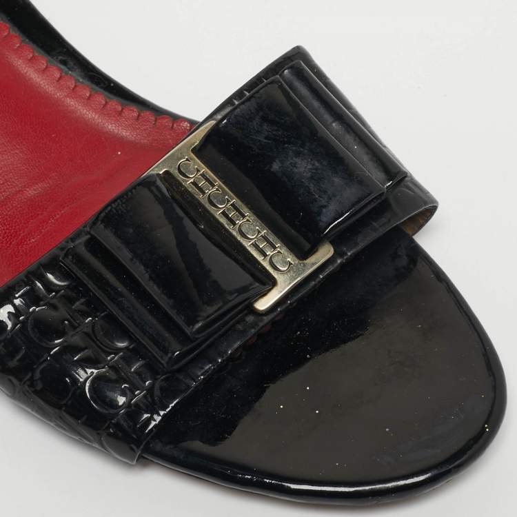 Pre Owned CH Carolina Herrera Black Patent Leather Matryoshka Slide Sandals Size 40