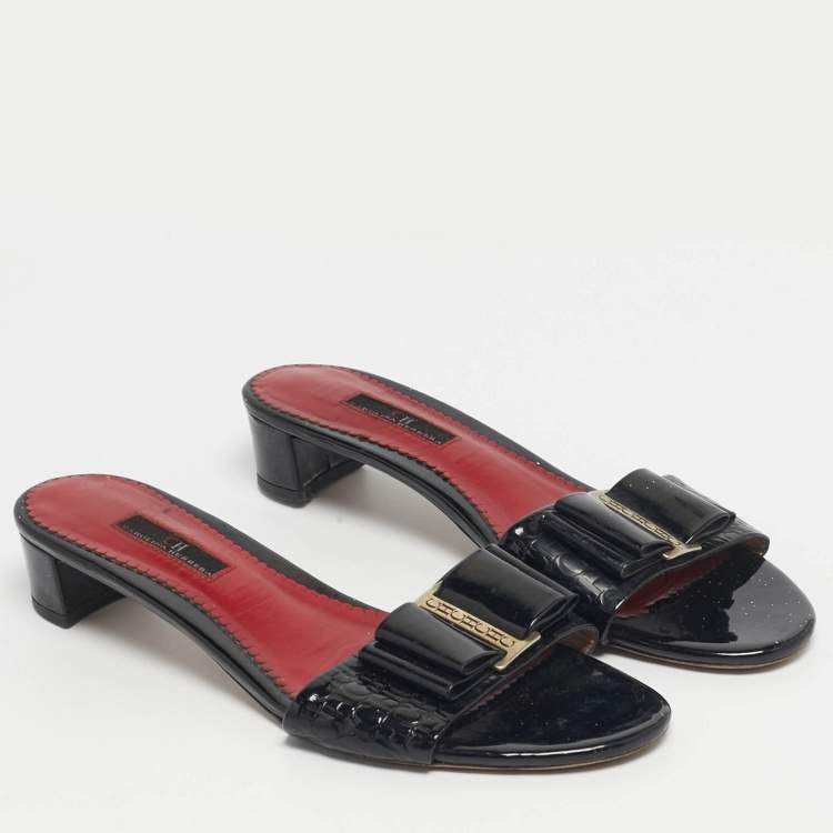 Pre Owned CH Carolina Herrera Black Patent Leather Matryoshka Slide Sandals Size 40
