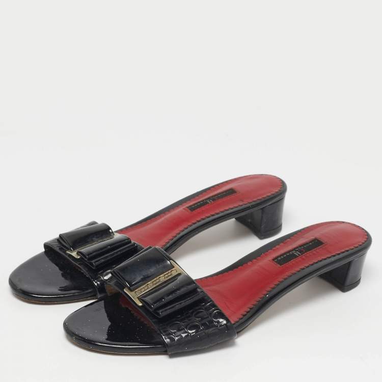 Pre Owned CH Carolina Herrera Black Patent Leather Matryoshka Slide Sandals Size 40