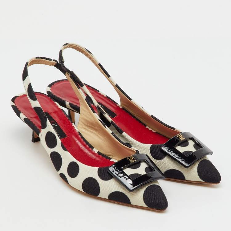 Pre Owned CH Carolina Herrera Black/White Canvas Polka Dot Slingback Pumps Size 38