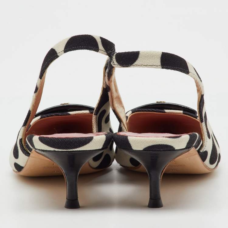 Pre Owned CH Carolina Herrera Black/White Canvas Polka Dot Slingback Pumps Size 38