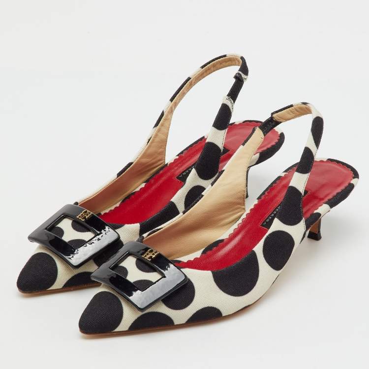 Pre Owned CH Carolina Herrera Black/White Canvas Polka Dot Slingback Pumps Size 38