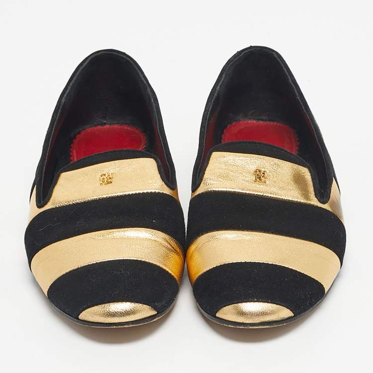 Pre Owned CH Carolina Herrera Black/Gold Leather and Suede Smoking Slippers Size 38