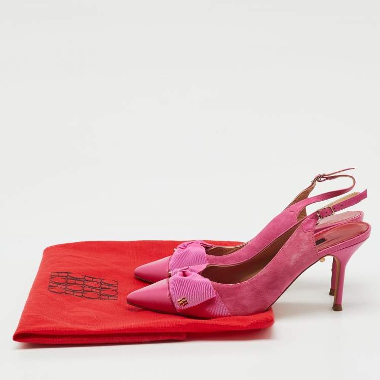 Pre Owned CH Carolina Herrera Pink Suede and Leather Bow Pointed Toe Slingback Pumps Size 37