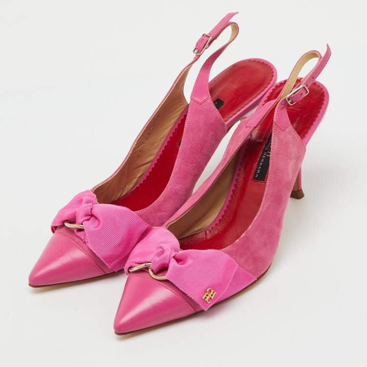Pre Owned CH Carolina Herrera Pink Suede and Leather Bow Pointed Toe Slingback Pumps Size 37