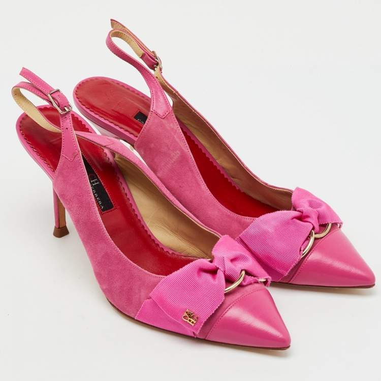 Pre Owned CH Carolina Herrera Pink Suede and Leather Bow Pointed Toe Slingback Pumps Size 37