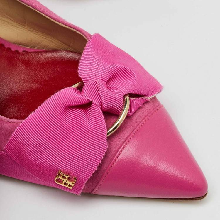 Pre Owned CH Carolina Herrera Pink Suede and Leather Bow Pointed Toe Slingback Pumps Size 37