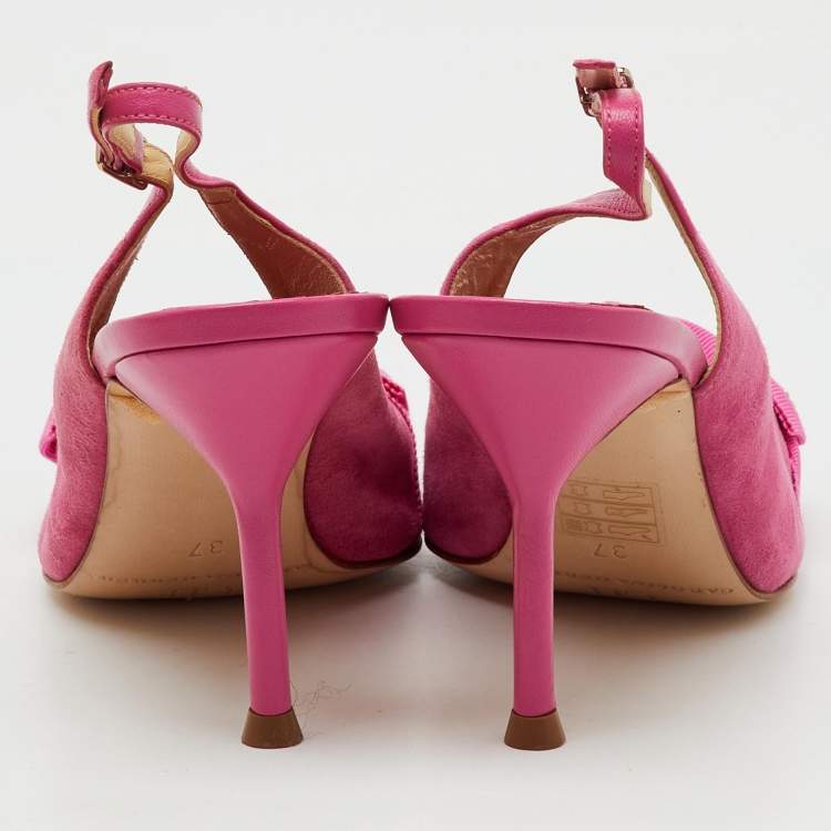 Pre Owned CH Carolina Herrera Pink Suede and Leather Bow Pointed Toe Slingback Pumps Size 37