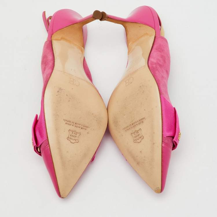 Pre Owned CH Carolina Herrera Pink Suede and Leather Bow Pointed Toe Slingback Pumps Size 37