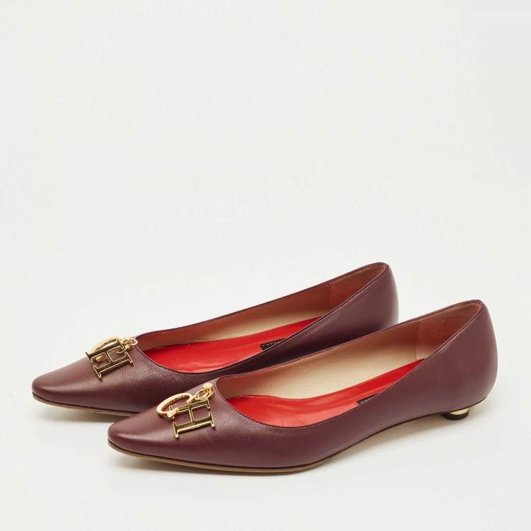 Pre Owned CH Carolina Herrera Burgundy Leather Smoking Slippers Size 37