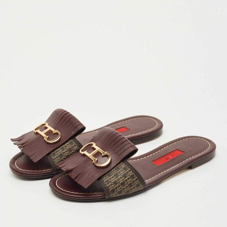Pre Owned CH Carolina Herrera Burgundy Canvas and Leather Flat Slides Size 36