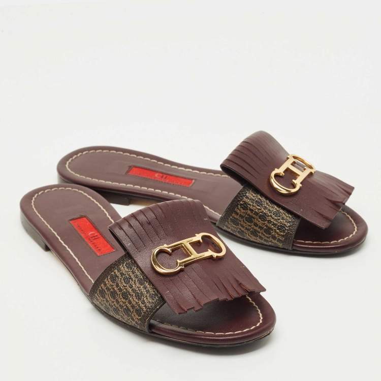 Pre Owned CH Carolina Herrera Burgundy Canvas and Leather Flat Slides Size 36