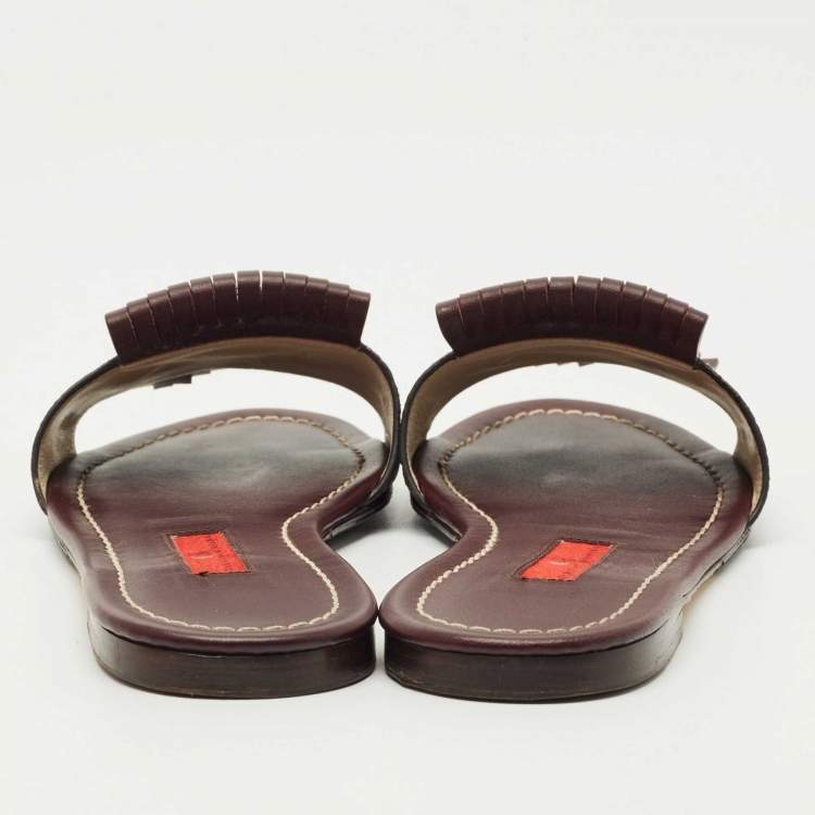 Pre Owned CH Carolina Herrera Burgundy Canvas and Leather Flat Slides Size 36