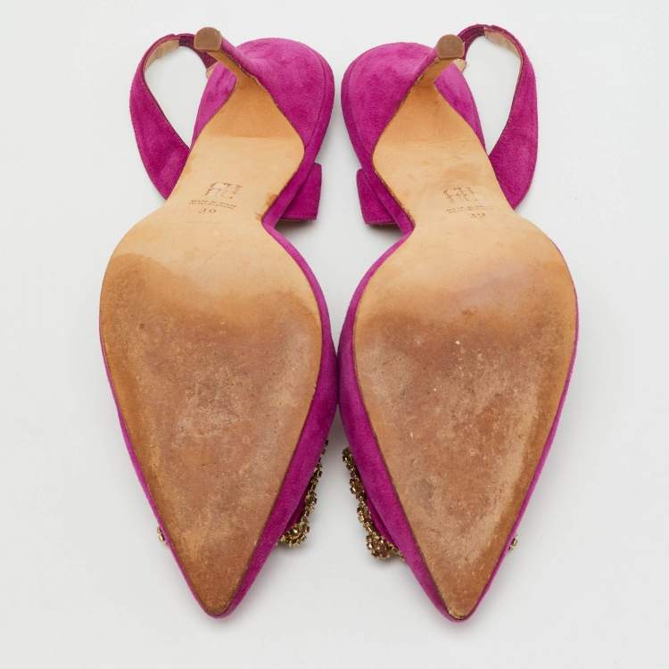 Pre Owned CH Carolina Herrera Purple Suede Crystal Embellished Buckle Slingback Pumps Size 39