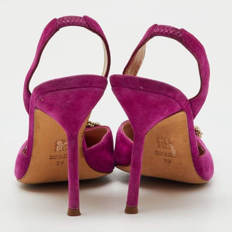 Pre Owned CH Carolina Herrera Purple Suede Crystal Embellished Buckle Slingback Pumps Size 39