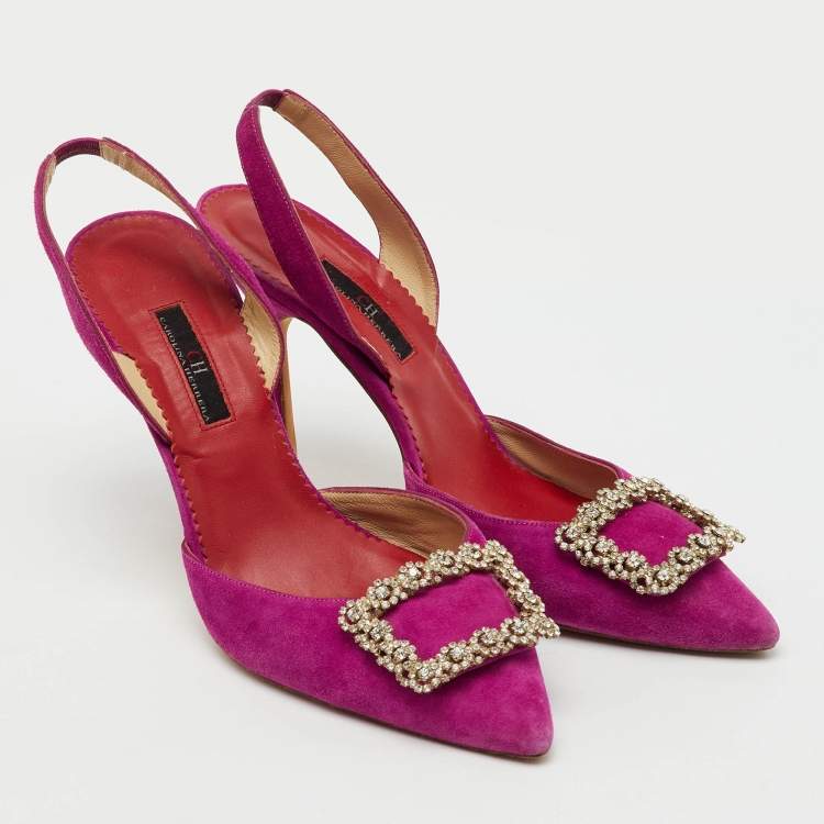 Pre Owned CH Carolina Herrera Purple Suede Crystal Embellished Buckle Slingback Pumps Size 39