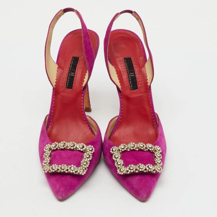 Pre Owned CH Carolina Herrera Purple Suede Crystal Embellished Buckle Slingback Pumps Size 39