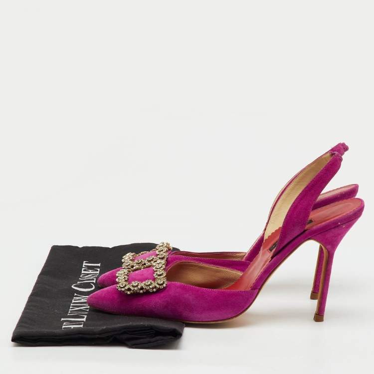 Pre Owned CH Carolina Herrera Purple Suede Crystal Embellished Buckle Slingback Pumps Size 39