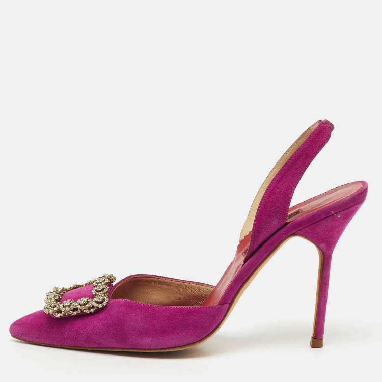 Pre Owned CH Carolina Herrera Purple Suede Crystal Embellished Buckle Slingback Pumps Size 39