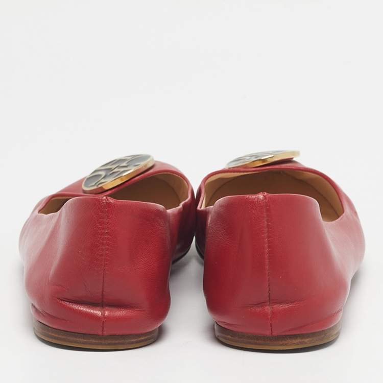 Pre Owned CH Carolina Herrera Red Leather Logo Ballet Flats Size 38
