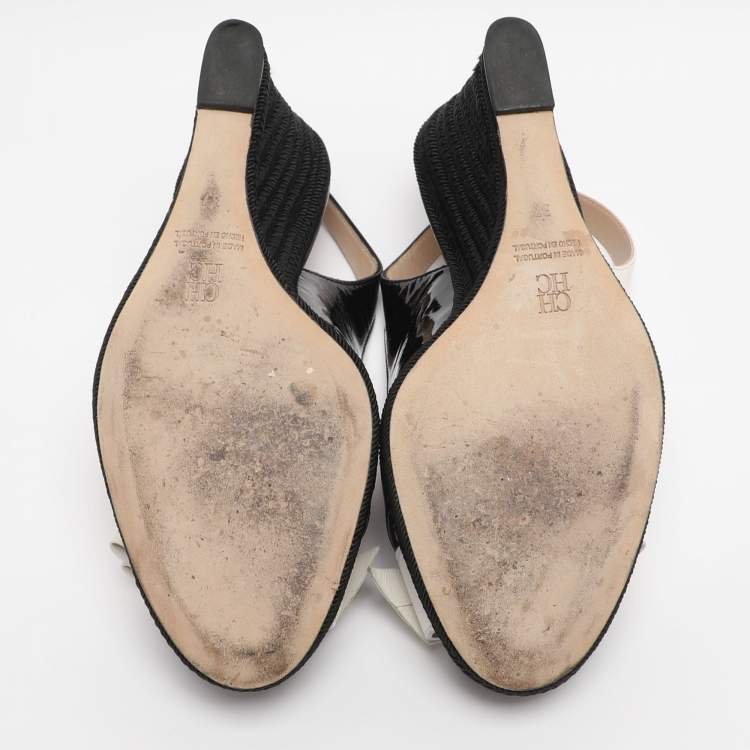 Pre Owned CH Carolina Herrera Black/White Leather and Patent Leather Peep Toe Bow Espadrille Wedge Sandals Size 37