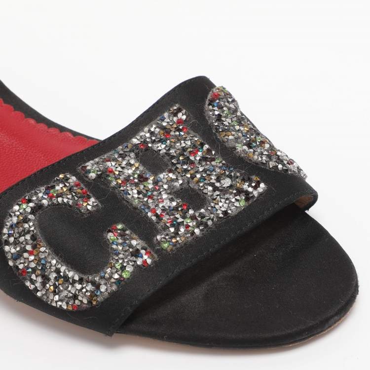 Pre Owned CH Carolina Herrera Black Satin And Glitter Slide Sandals Size 37