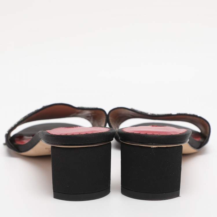 Pre Owned CH Carolina Herrera Black Satin And Glitter Slide Sandals Size 37