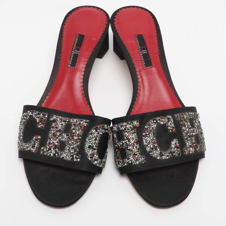 Pre Owned CH Carolina Herrera Black Satin And Glitter Slide Sandals Size 37