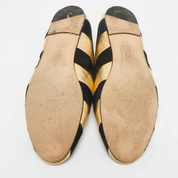 Pre Owned CH Carolina Herrera Black/Gold Leather and Suede Smoking Slippers Size 38